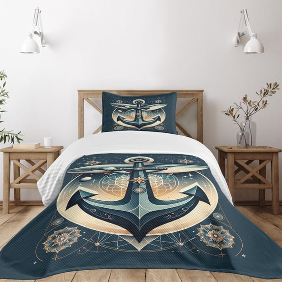 Ambesonne Nautical Quilted Bedspread Set 2 Pcs, Anchor with Whales Compass, Twin Size, Petrol Blue Beige
