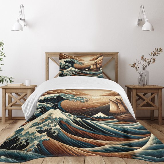 Ambesonne Nautical Quilted Bedspread Set 2 Pcs, Ethnic Japanese Ocean Boat, Twin Size, Cinnamon and Petrol Blue