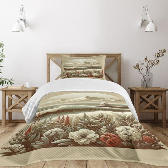 Ambesonne Nautical Quilted Bedspread Set 2 Pcs, Floral Sea Shore and Boat, Twin Size, Grey Yellow Dark Salmon