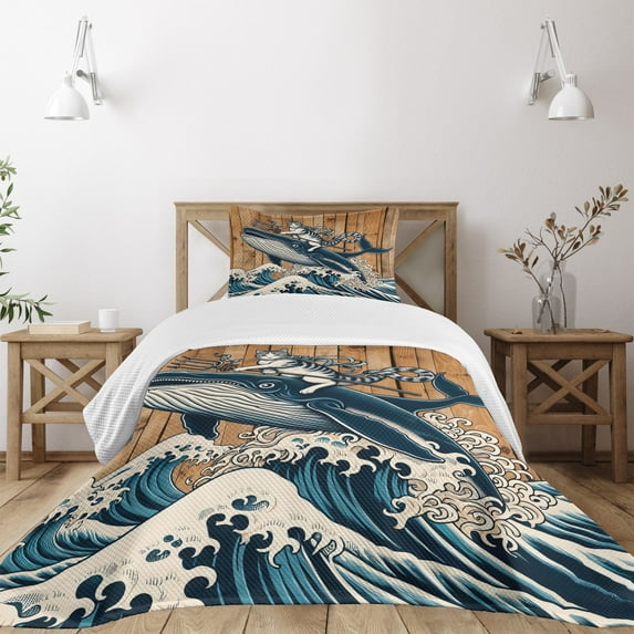 Ambesonne Nautical Quilted Bedspread Set 2 Pcs, Hero Cat Riding a Whale, Twin Size, Pale Caramel and Petrol Blue