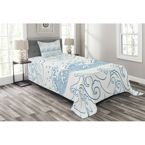 Ambesonne Nautical Quilted Bedspread Set 2 Pcs, Japanese Kanagawa Wave, Twin Size, Blue and White