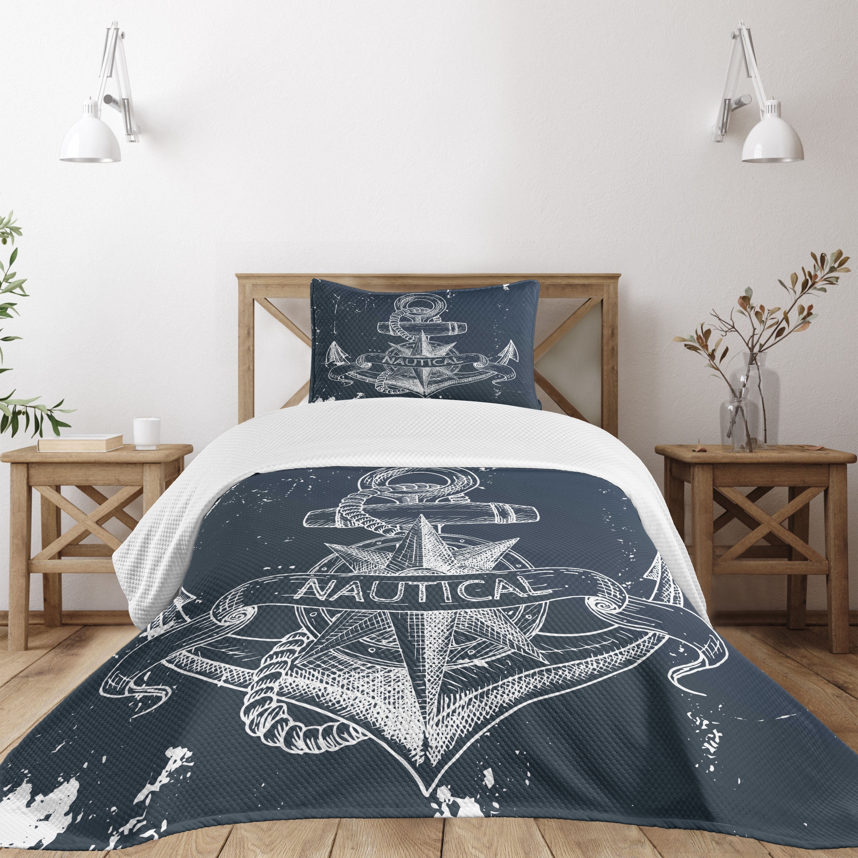 Nautical Twin White and Dark Blue Quilted Bedspread Set
