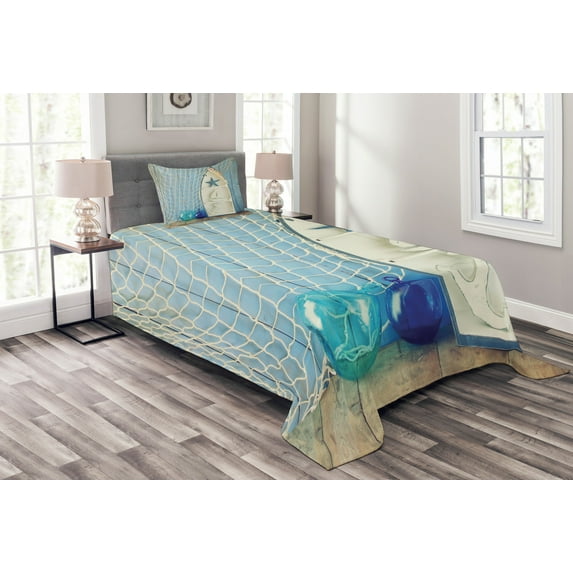 Ambesonne Nautical Quilted Bedspread Set 2 Pcs, Marine Starfish, Twin Size, Blue White