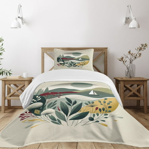 Ambesonne Nautical Quilted Bedspread Set 2 Pcs, Modern Boho Botanical Sea, Twin Size, Sage Green