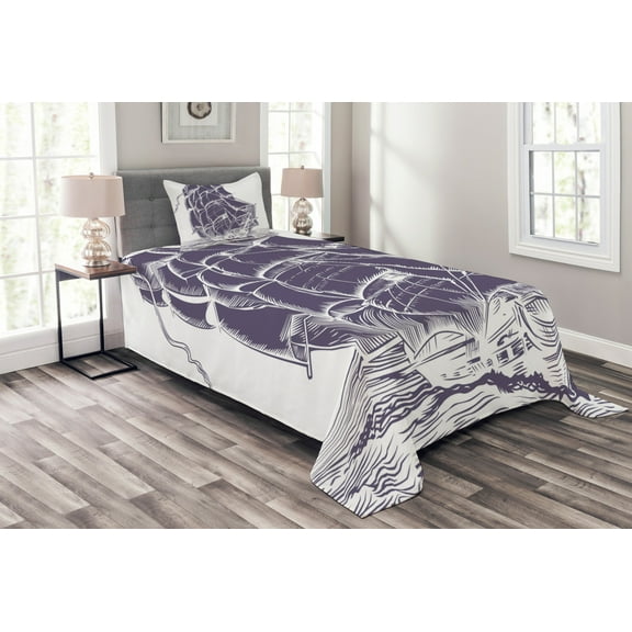 Ambesonne Nautical Quilted Bedspread Set 2 Pcs, Old Sail Boat in Sea, Twin Size, Lavender