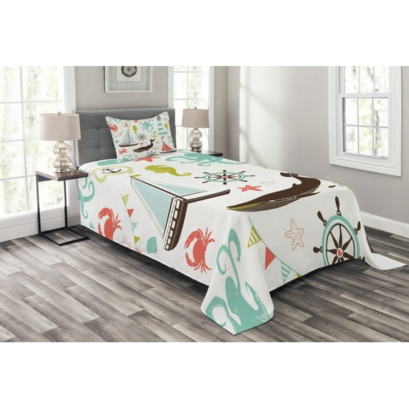 Ambesonne Nautical Quilted Bedspread Set 2 Pcs, Pastel Marine Elements, Twin Size, Multicolor