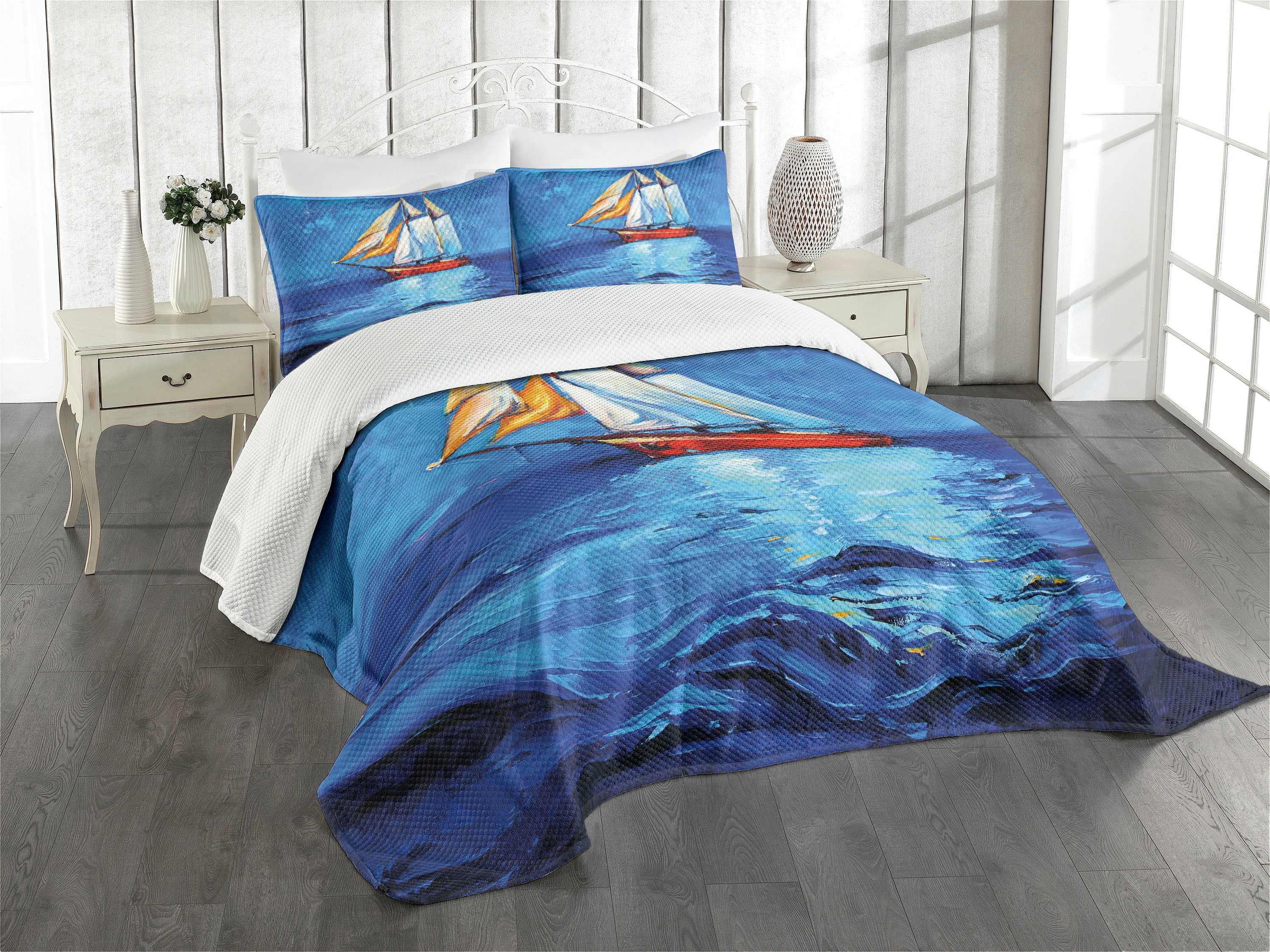 Ambesonne Nautical Quilted Bedspread Set 2 Pcs, Sail Boat Art Picture ...