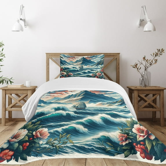 Ambesonne Nautical Quilted Bedspread Set 2 Pcs, Seascape Waves Mountains, Twin Size, Sea Blue and Dark Coral