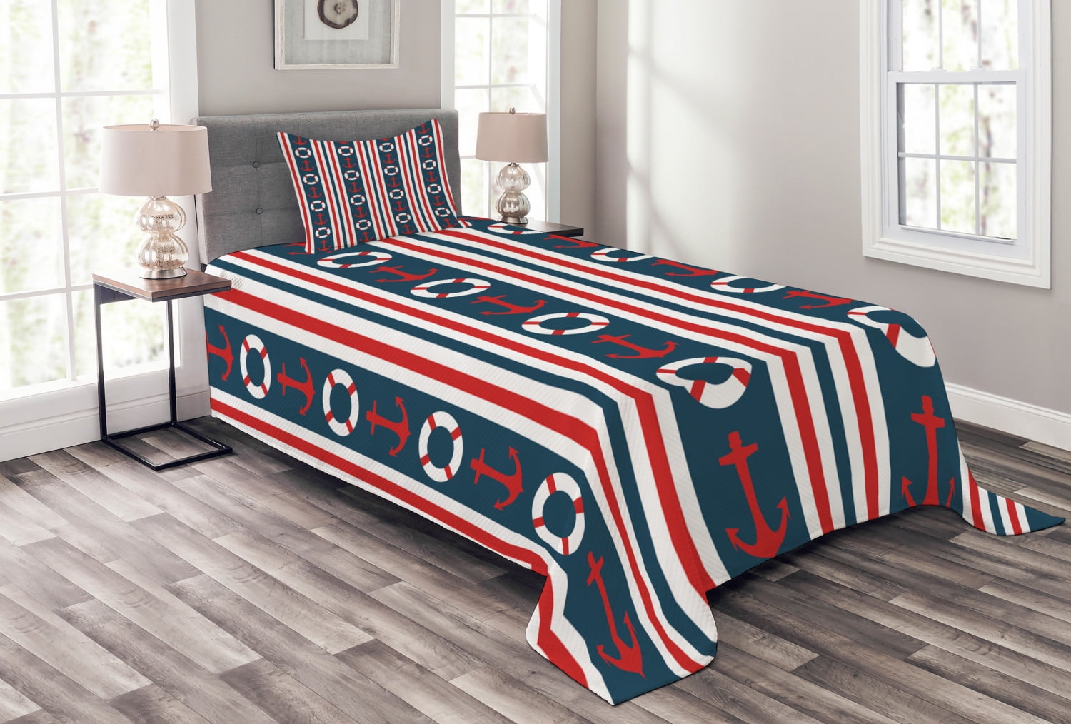 Nautical Twin White and Red Quilted Bedspread Set