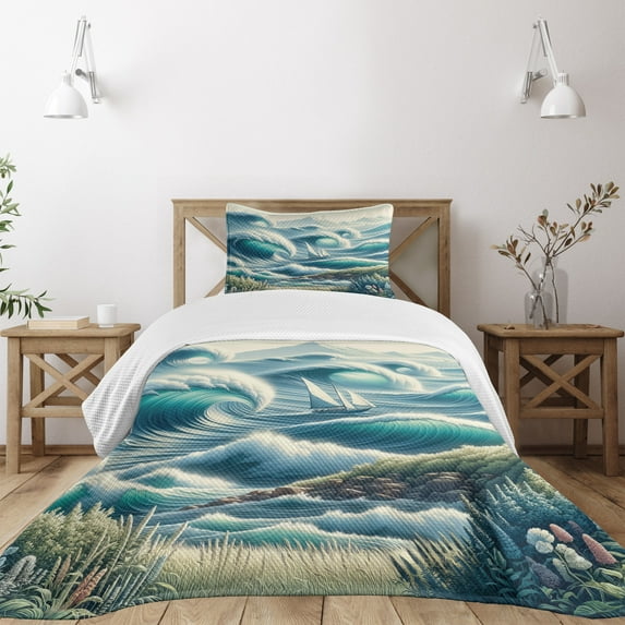 Ambesonne Nautical Quilted Bedspread Set 2 Pcs, Swirling Huge Waves Boat, Twin Size, Reseda Green Teal and Blue
