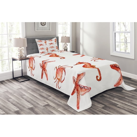 Ambesonne Nautical Quilted Bedspread Set 2 Pcs, Underwater Sea Ocean, Twin Size, Salmon Dark Coral