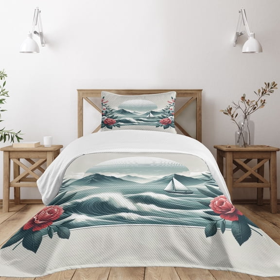 Ambesonne Nautical Quilted Bedspread Set 2 Pcs, Wild Roses and Sailboat, Twin Size, Coral and Slate Blue