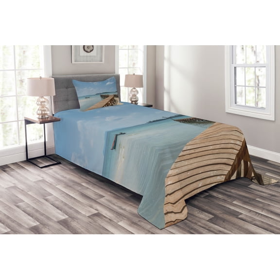 Ambesonne Nautical Quilted Bedspread Set 2 Pcs, Wooden Bridge to Sea, Twin Size, Blue Brown