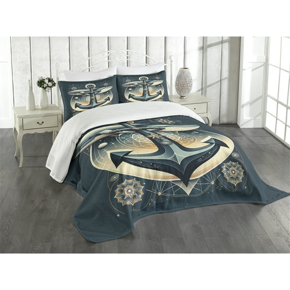 Ambesonne Nautical Quilted Bedspread Set 3 Pcs, Anchor with Whales Compass, King Size, Petrol Blue Beige