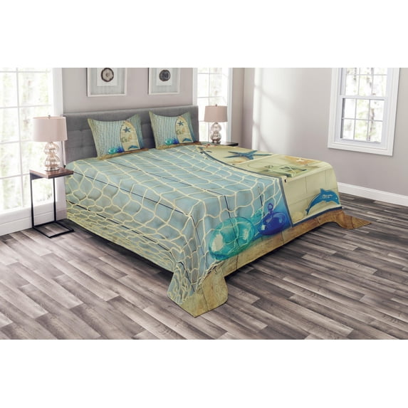 Ambesonne Nautical Quilted Bedspread Set 3 Pcs, Aquatic Objects Boats, Queen Size, Blue Beige