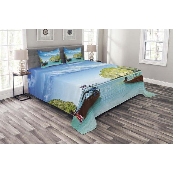 Ambesonne Nautical Quilted Bedspread Set 3 Pcs, Boat Maya Bay Thailand, Queen Size, Multicolor