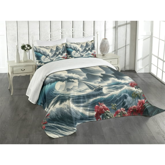 Ambesonne Nautical Quilted Bedspread Set 3 Pcs, Boat and Crashing Waves, King Size, Cadet Blue and Dark Pink