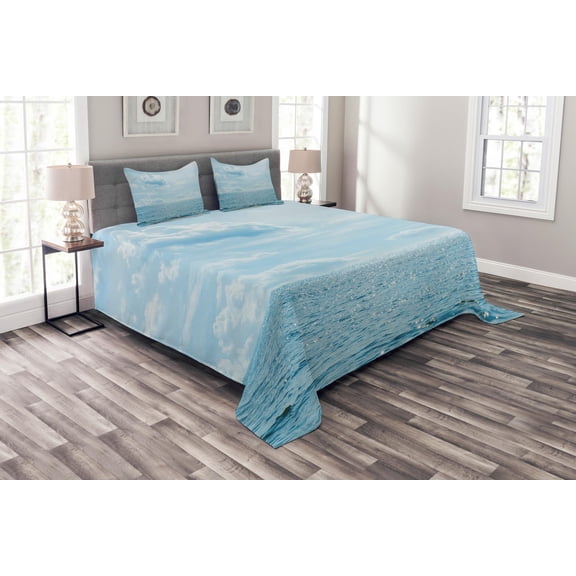 Ambesonne Nautical Quilted Bedspread Set 3 Pcs, Calm Sea Paradise, Queen Size, Pale Blue