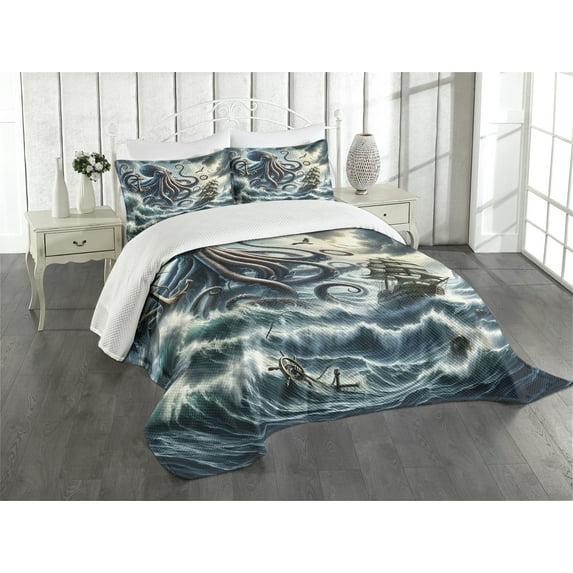 Ambesonne Nautical Quilted Bedspread Set 3 Pcs, Fantasy Sea World Kraken, Queen Size, Teal Mauve