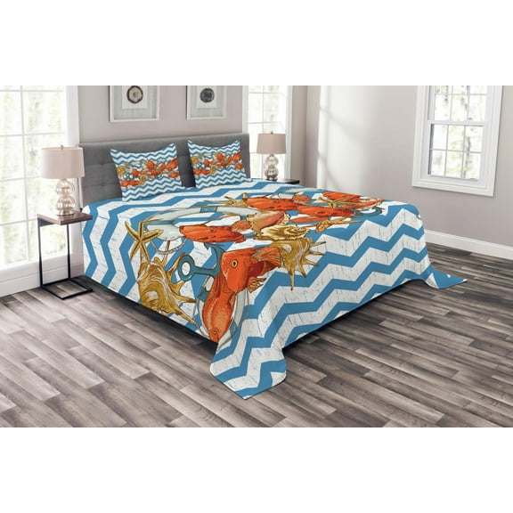 Ambesonne Nautical Quilted Bedspread Set 3 Pcs, Fish Shell Ahoy Chevron, King Size, Multicolor
