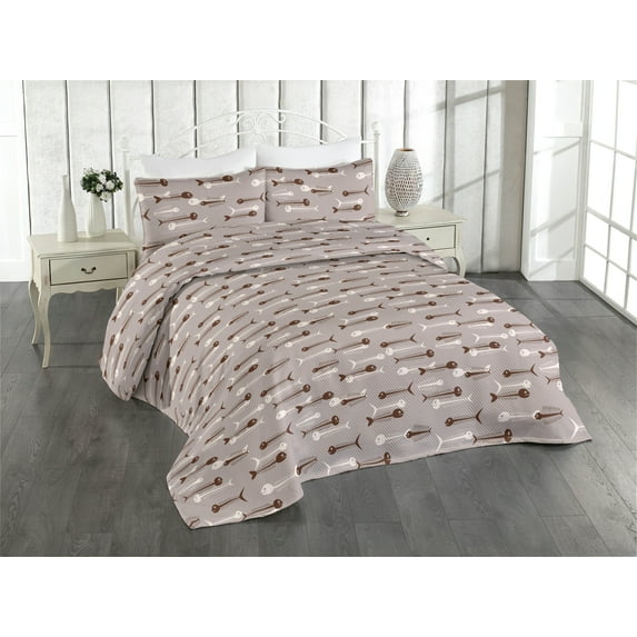 Ambesonne Nautical Quilted Bedspread Set 3 Pcs, Fishbone Pattern Oceanic, Queen, Purple Grey and Eggshell