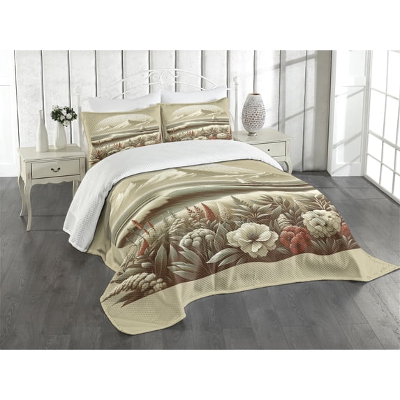 Ambesonne Nautical Quilted Bedspread Set 3 Pcs, Floral Sea Shore and Boat, King Size, Grey Yellow Dark Salmon