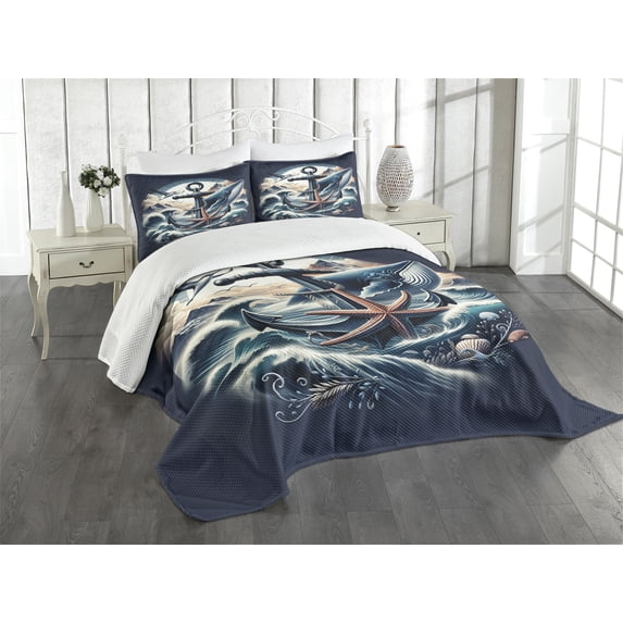 Ambesonne Nautical Quilted Bedspread Set 3 Pcs, Marine Anchor and Seagull, King Size, Indigo and Dark Salmon