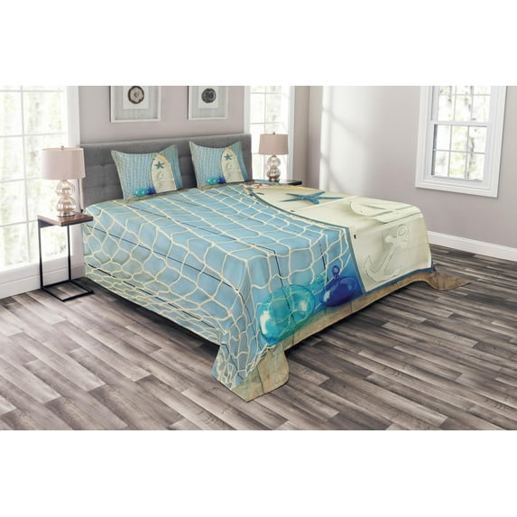 Ambesonne Nautical Quilted Bedspread Set 3 Pcs, Marine Starfish, King Size, Blue White