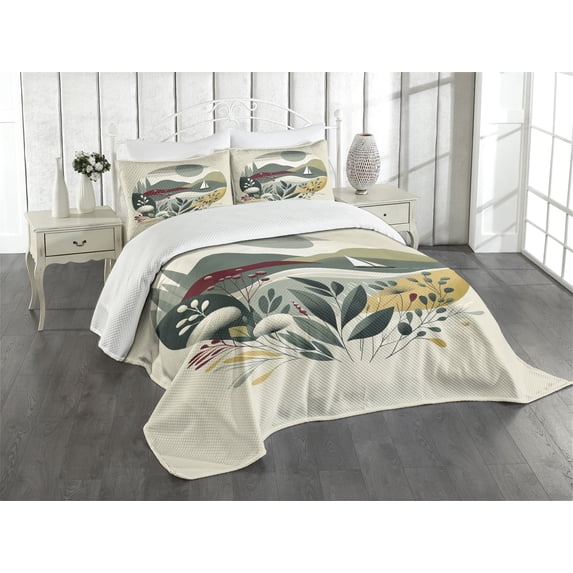 Ambesonne Nautical Quilted Bedspread Set 3 Pcs, Modern Boho Botanical Sea, Queen Size, Sage Green