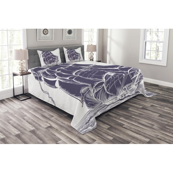 Ambesonne Nautical Quilted Bedspread Set 3 Pcs, Old Sail Boat in Sea, Queen Size, Lavender