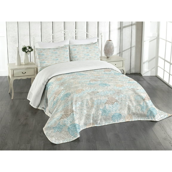 Ambesonne Nautical Quilted Bedspread Set 3 Pcs, Pastel Toned Seashells, King Size, Tan Turquoise White