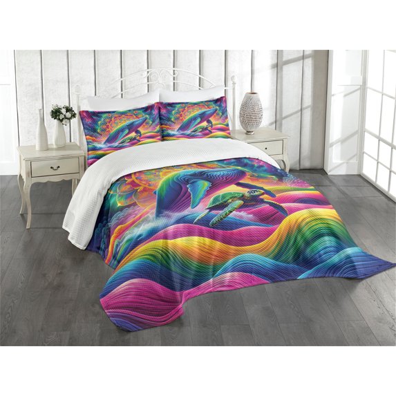 Ambesonne Nautical Quilted Bedspread Set 3 Pcs, Psychedelic Rainbow Colors, King Size, Multicolor