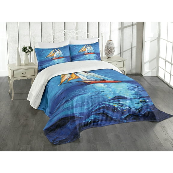 Ambesonne Nautical Quilted Bedspread Set 3 Pcs, Sail Boat Art Picture, King Size, Navy Blue and Blue