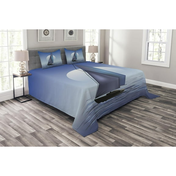 Ambesonne Nautical Quilted Bedspread Set 3 Pcs, Sail Boat Wavy Serene, Queen Size, Violet Blue