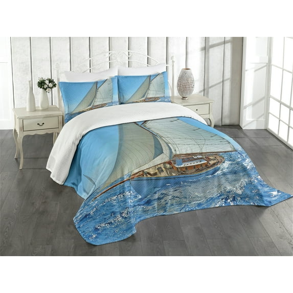 Ambesonne Nautical Quilted Bedspread Set 3 Pcs, Sailboat Regatta Race, King Size, Blue White Brown