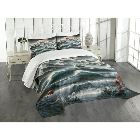 Ambesonne Nautical Quilted Bedspread Set 3 Pcs, Sailing in Abstract Ocean, Queen Size, Petrol Blue Red Blue Grey