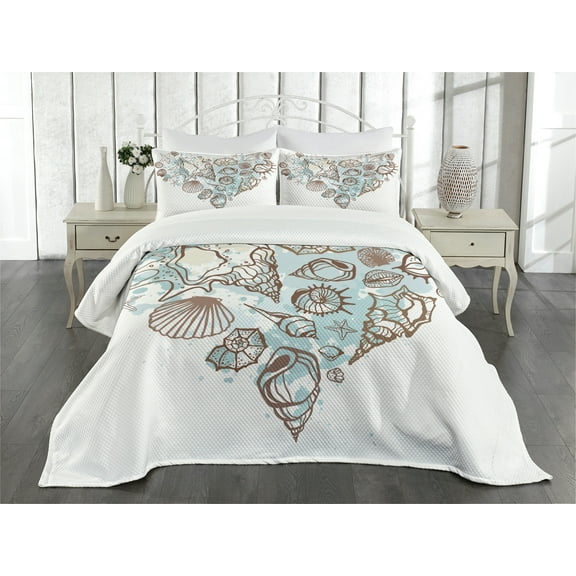 Ambesonne Nautical Quilted Bedspread Set 3 Pcs, Scallop Starfish Whelk, Queen Size, Brown Warm Taupe Teal