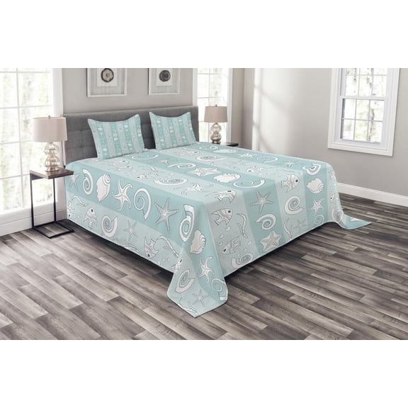 Ambesonne Nautical Quilted Bedspread Set 3 Pcs, Sea Animals and Shells, Queen Size, Pale Blue Pale Blue