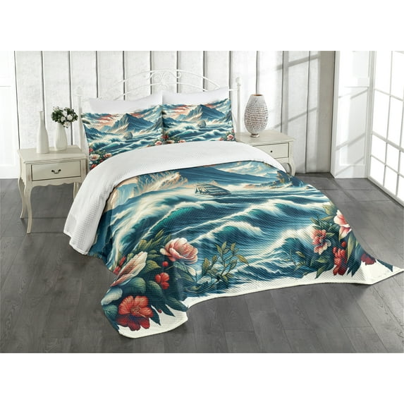 Ambesonne Nautical Quilted Bedspread Set 3 Pcs, Seascape Waves Mountains, Queen Size, Sea Blue and Dark Coral
