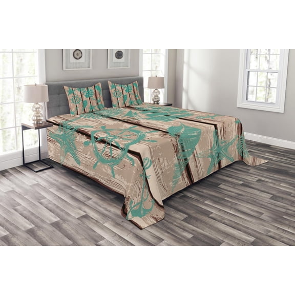 Ambesonne Nautical Quilted Bedspread Set 3 Pcs, Shell Helm and Ship, King Size, Turquoise and Brown
