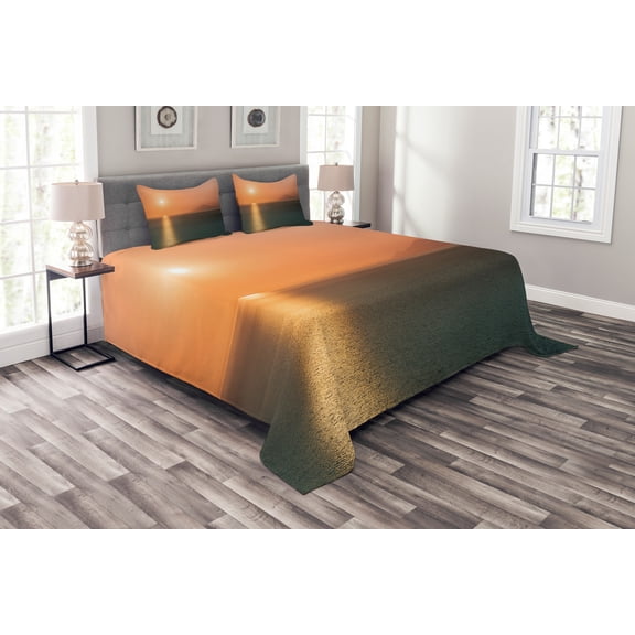 Ambesonne Nautical Quilted Bedspread Set 3 Pcs, Sunrise over Ocean, Queen Size, Orange Blue