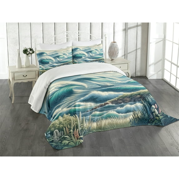 Ambesonne Nautical Quilted Bedspread Set 3 Pcs, Swirling Huge Waves Boat, Queen Size, Reseda Green Teal and Blue