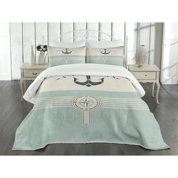 Ambesonne Nautical Quilted Bedspread Set 3 Pcs, Vintage Marine Anchor, King Size, Seafoam Beige and Black