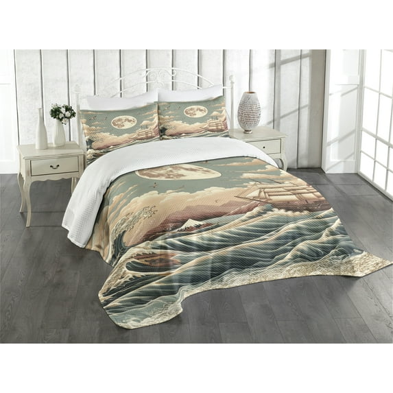 Ambesonne Nautical Quilted Bedspread Set 3 Pcs, Waves Ship Japanese Style, Queen Size, Pale Teal Tan Dried Rose