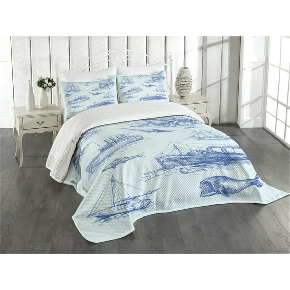 Ambesonne Nautical Quilted Bedspread Set 3 Pcs, Wildlife Shark Boat, King Size, Pale Blue Blue