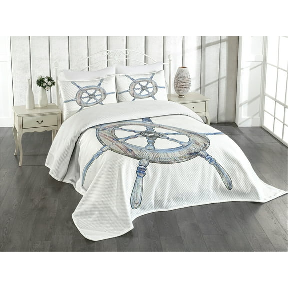 Ambesonne Nautical Quilted Bedspread Set 3 Pcs, Wooden Ship Wheel, Queen Size, Blue White