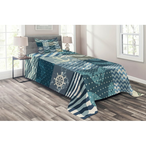 Ambesonne Nautical Quilted Coverlet 2 Pcs, Anchor Grunge Naval, Twin Size, Blue Beige