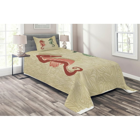 Ambesonne Nautical Quilted Coverlet 2 Pcs, Colorful Beach, Twin Size, Forest Green Sand Brown