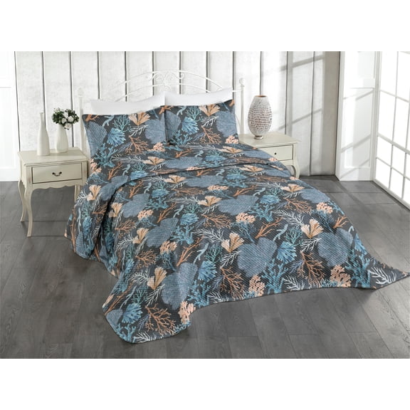 Ambesonne Nautical Quilted Coverlet 2 Pcs, Colorful Repetitive Corals, Twin Size, Persian Orange and Ceil Blue