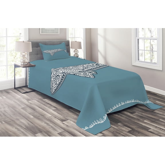 Ambesonne Nautical Quilted Coverlet 2 Pcs, Embellish Whale, Twin Size, Slate Blue and White